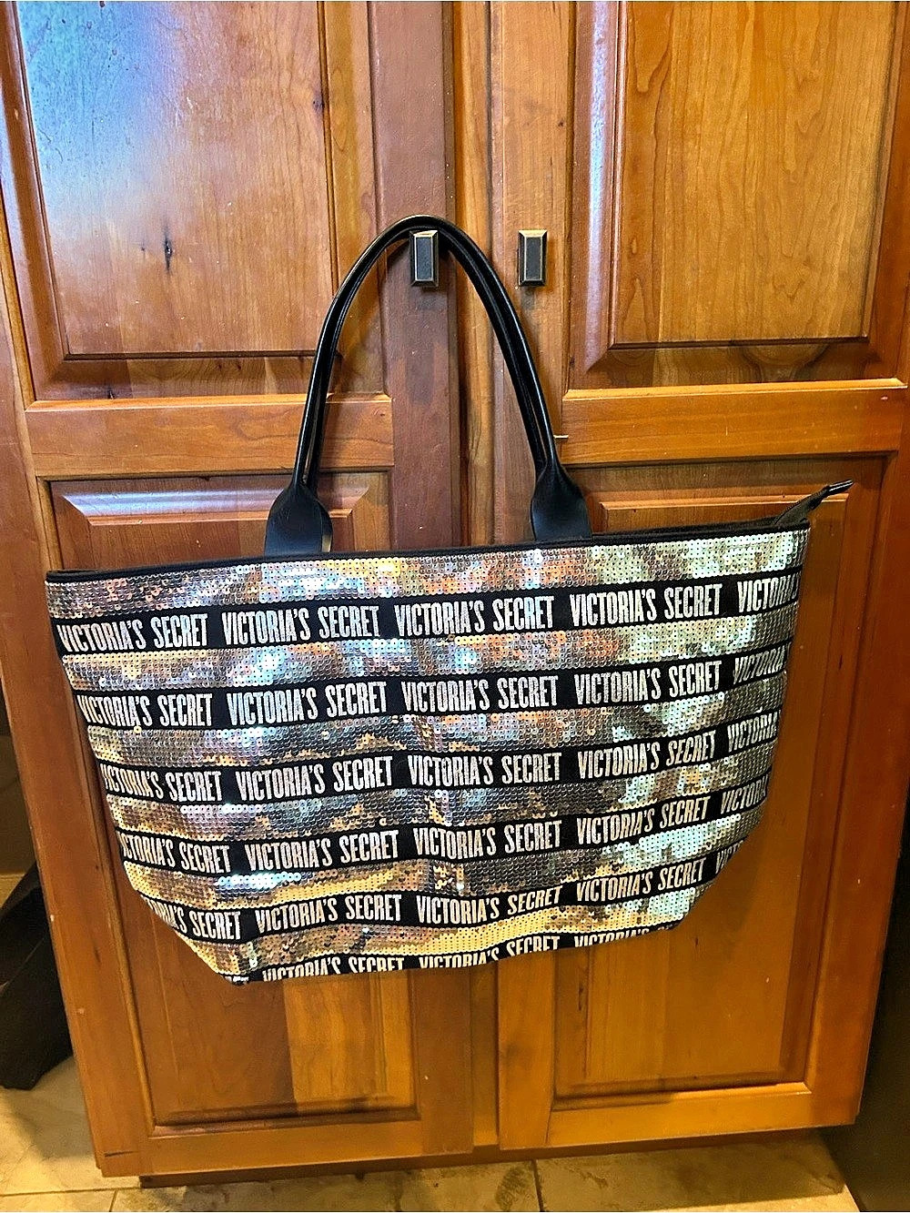 Victoria's Secret Sequin Striped Zip Top Tote Bag Black & Silver